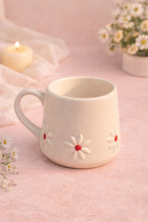 Blush Daisy Ceramic Mug – Handcrafted Floral Coffee Cup